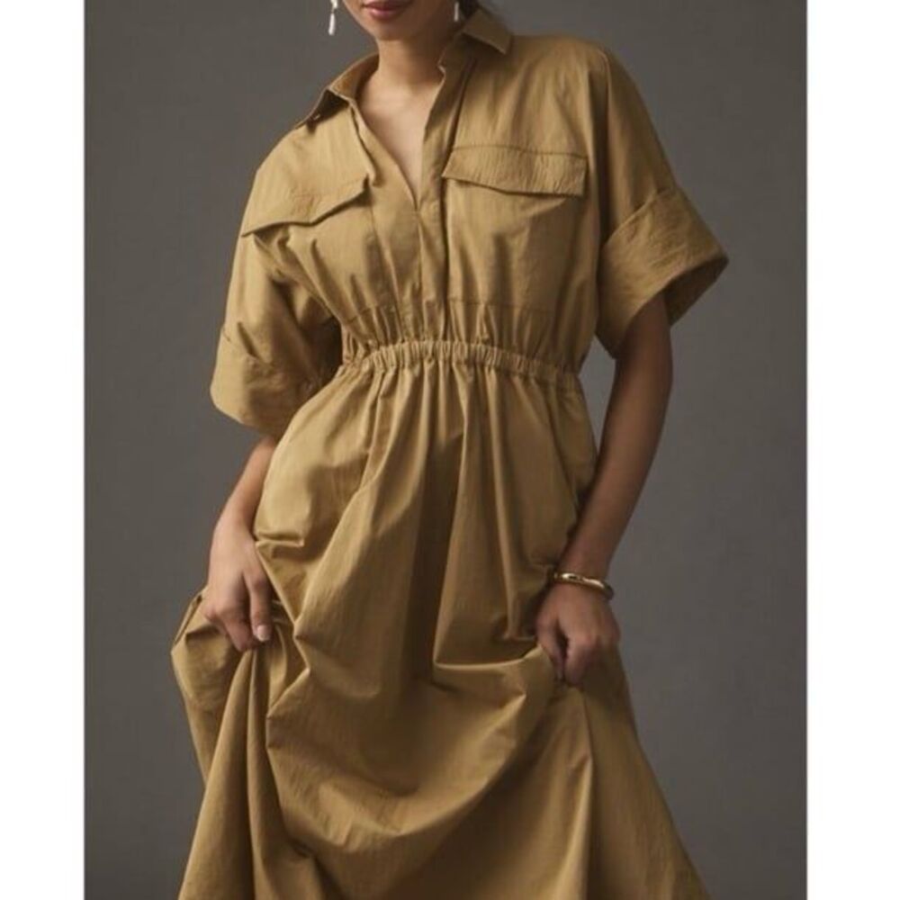 Maeve Anthropologie Taupe Utility Shirt Dress Midi Length Size Large - Picture 12 of 12